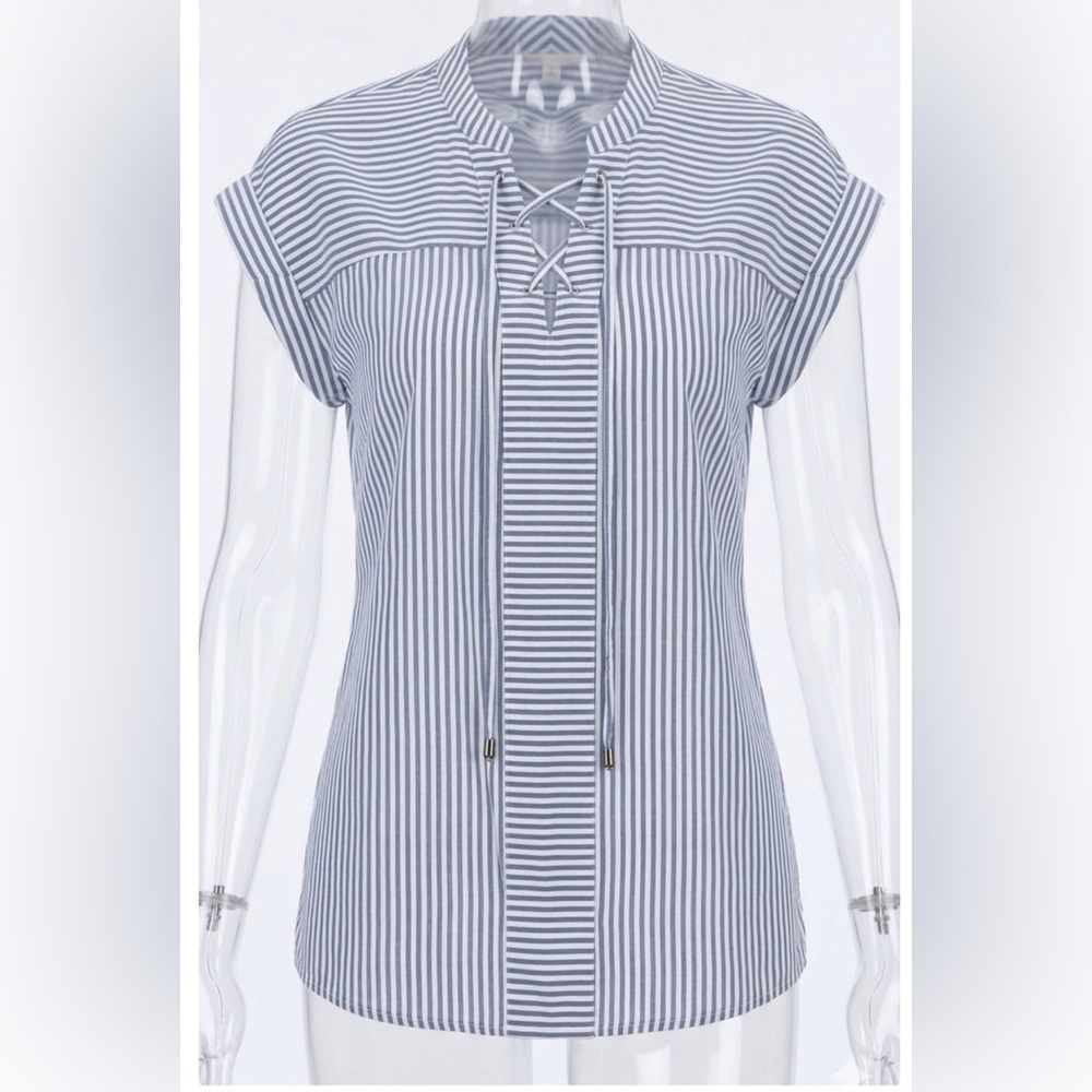 Nine West Striped Lace Up Front Top Size Small Blue White Short Sleeve Blouse